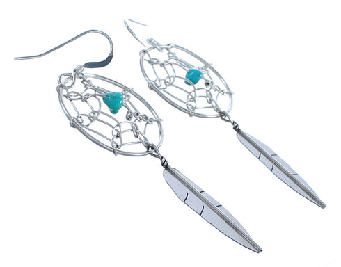 Turquoise Dream Catcher Feather Sterling Silver Navajo Hook Dangle Earrings NX11499